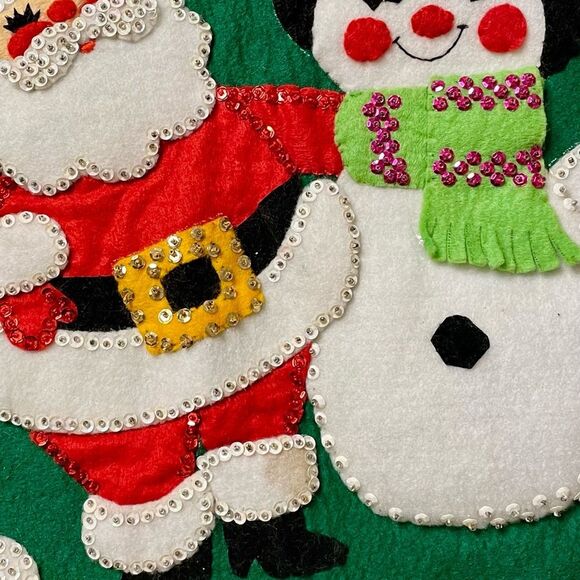 Bucilla Jeweled Christmas Tree Skirt Vintage Noel Handmade Santa Snowman Green - Picture 8 of 13